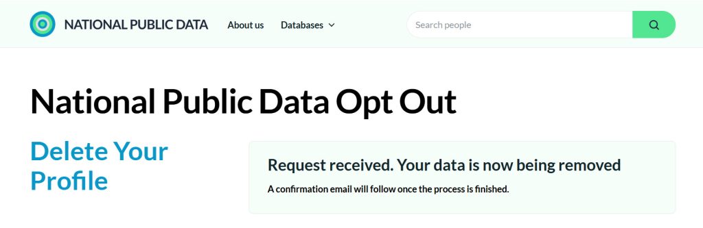 NationalPublicData.com opt-out confirmation on the site