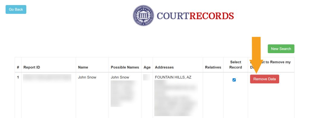Clicking the removal button on Arizona Court Records