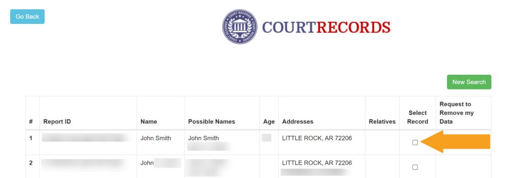 Selecting which record to remove from Arkansas Court Records