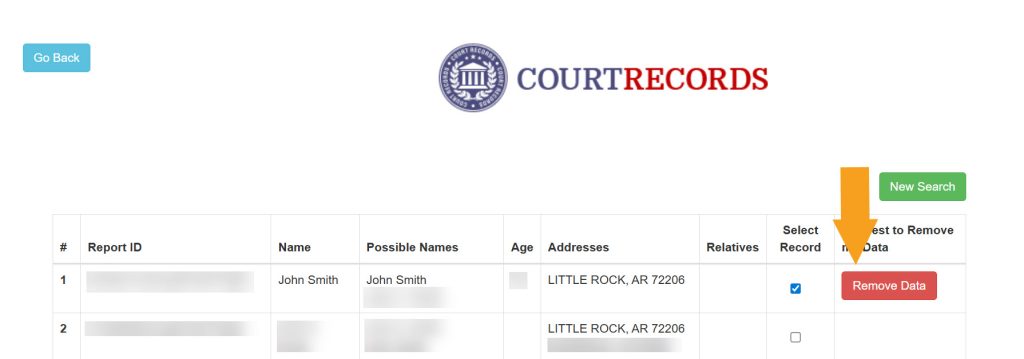 Clicking the removal button on Arkansas Court Records