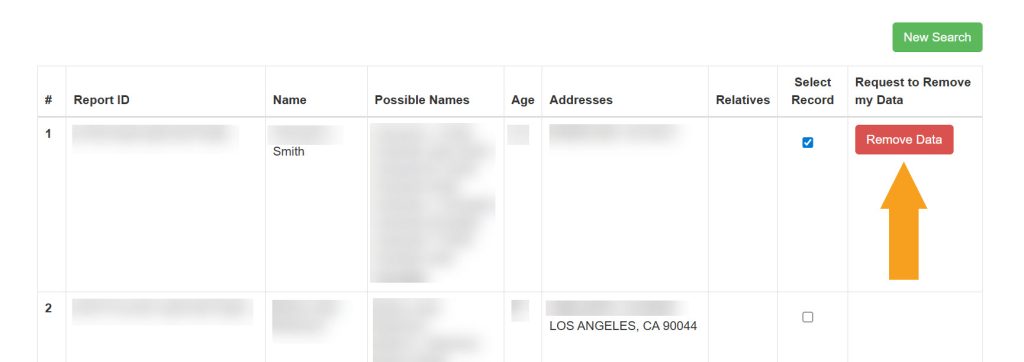 Clicking the removal button on California Court Records