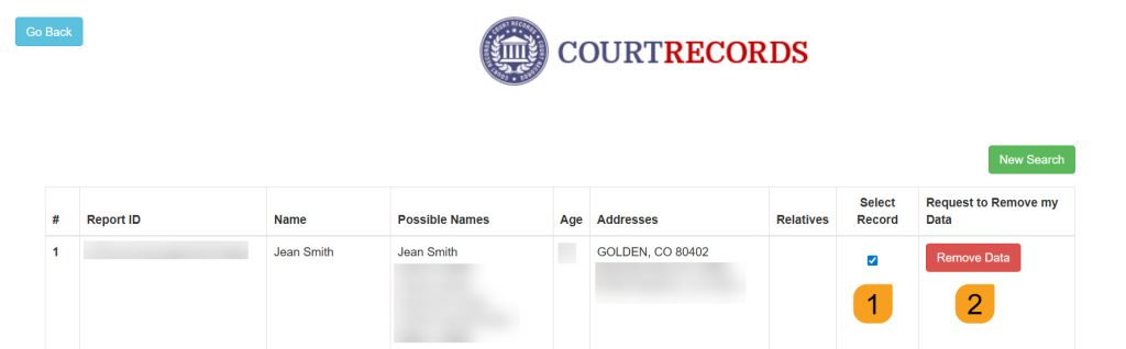 Selecting the record to remove from Colorado Court Records