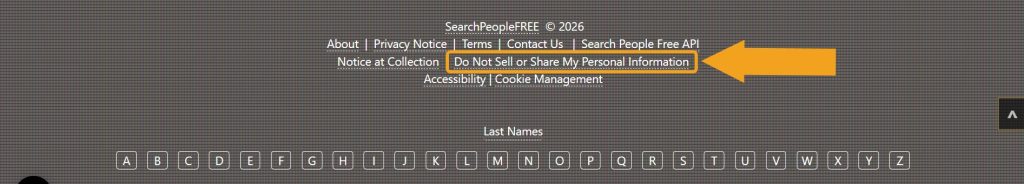 SearchPeopleFREE site footer with the "Do Not Sell or Share My Personal Information” link highlighted