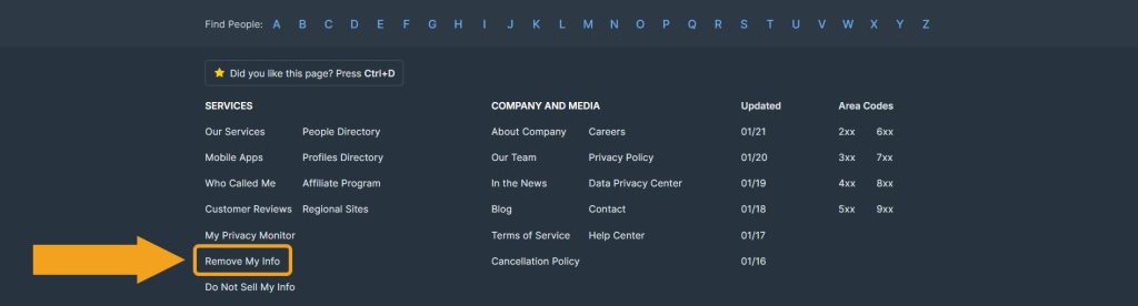 Radaris footer with the "remove my info" link pointed at