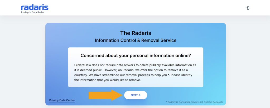 The Radaris information control & Removal service page