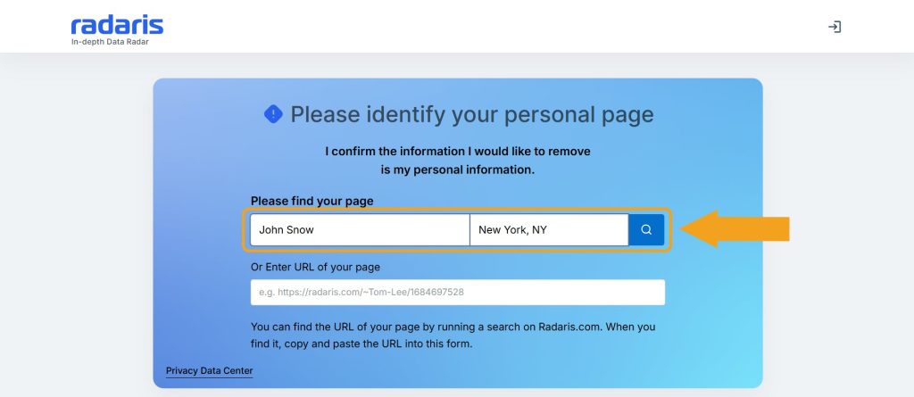 Personal page lookup during Radaris opt-out