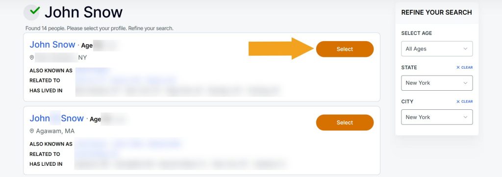 Profile lookup results for John Snow during Radaris opt-out