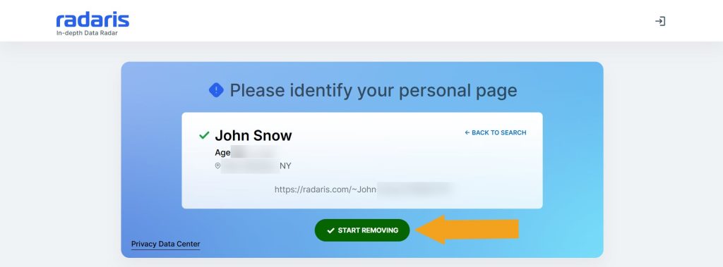 Radaris personal page identification during opt-out