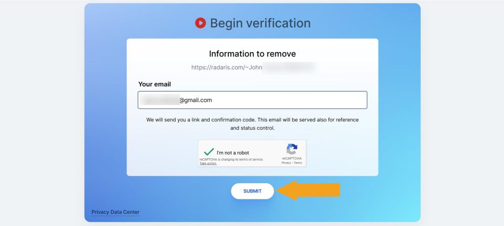 Submitting email to opt out of Radaris