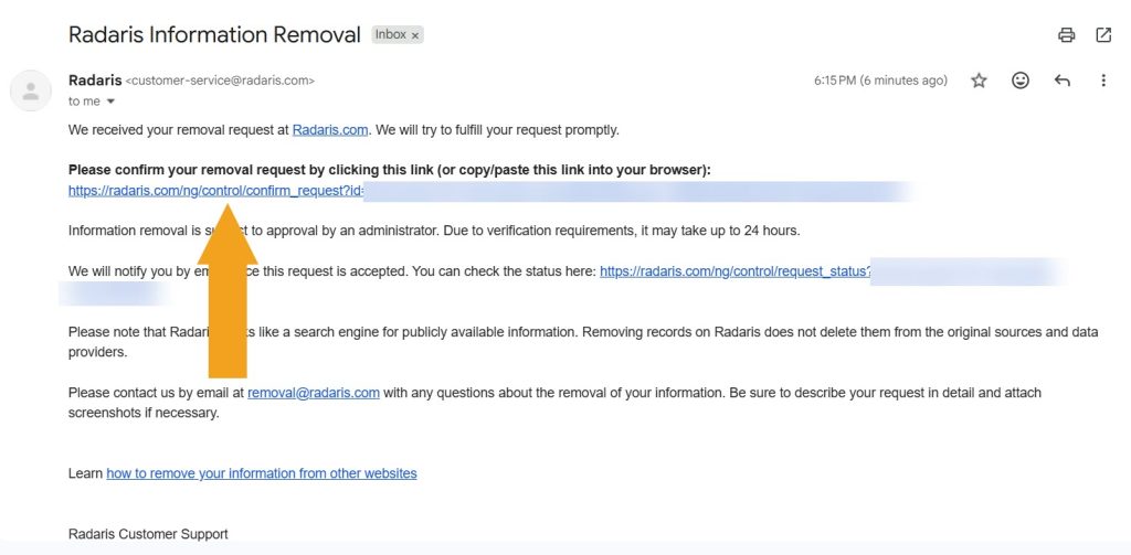 Radaris information removal confirmation email with verification link
