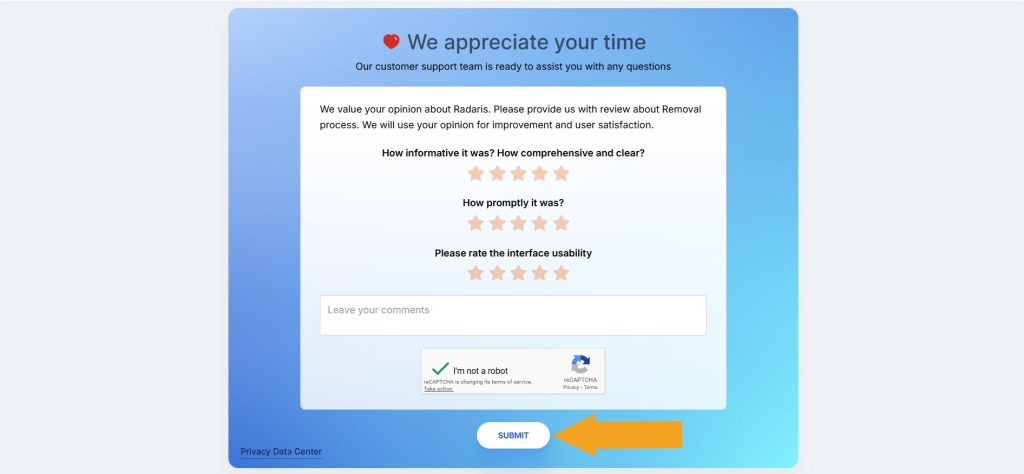 Radaris opt-out opinion submission page