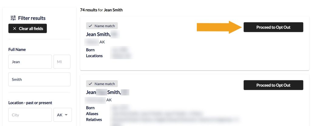 PeopleLooker person search results with the "Proceed to opt out" button pointed at