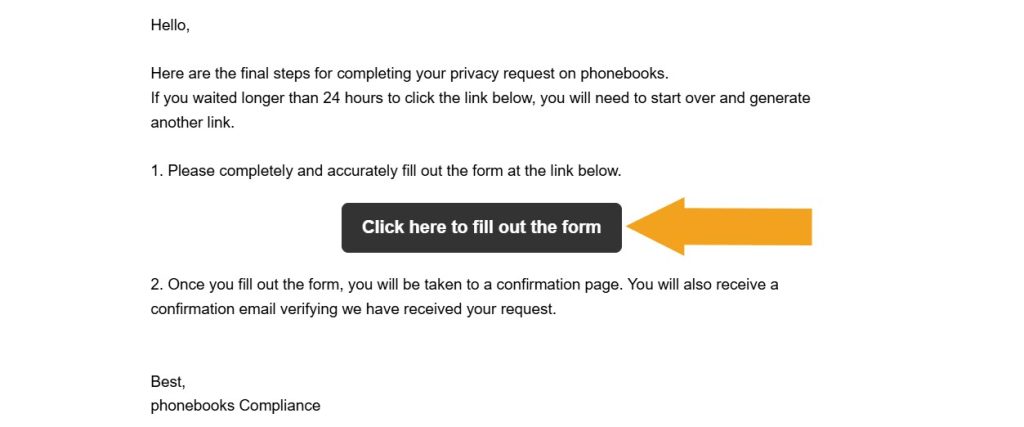 PhoneBooks.com opt-out email confirmation with the link