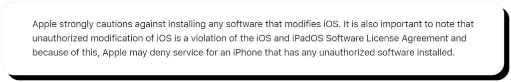 Apple describes that unauthorized modifications of iOS violates its ToS, putting AltStore into grey legal area