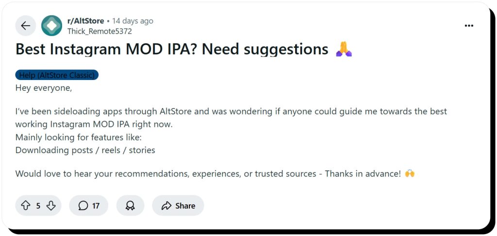 Reddit user asks about Instagram MOD IPA after surfing AltStore
