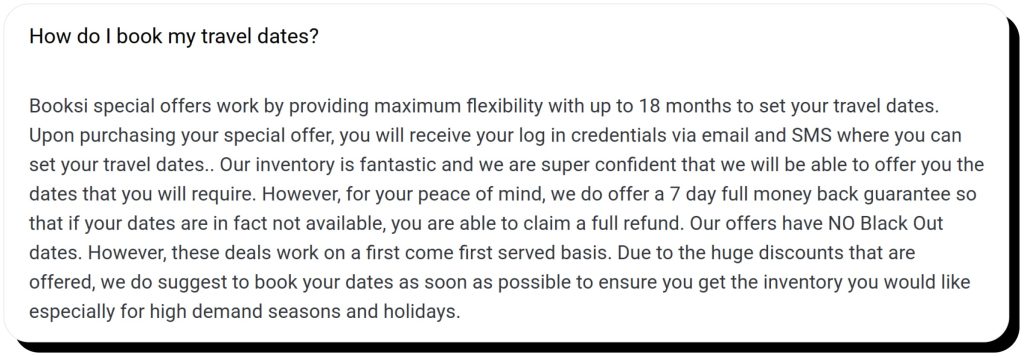 Booksi.com FAQs describe how to book travel dates. Booksi is a legit platform for discounted travel.