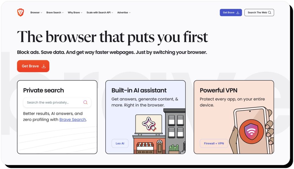 Brave Browser website main page. Brave is safe to use in 2025.