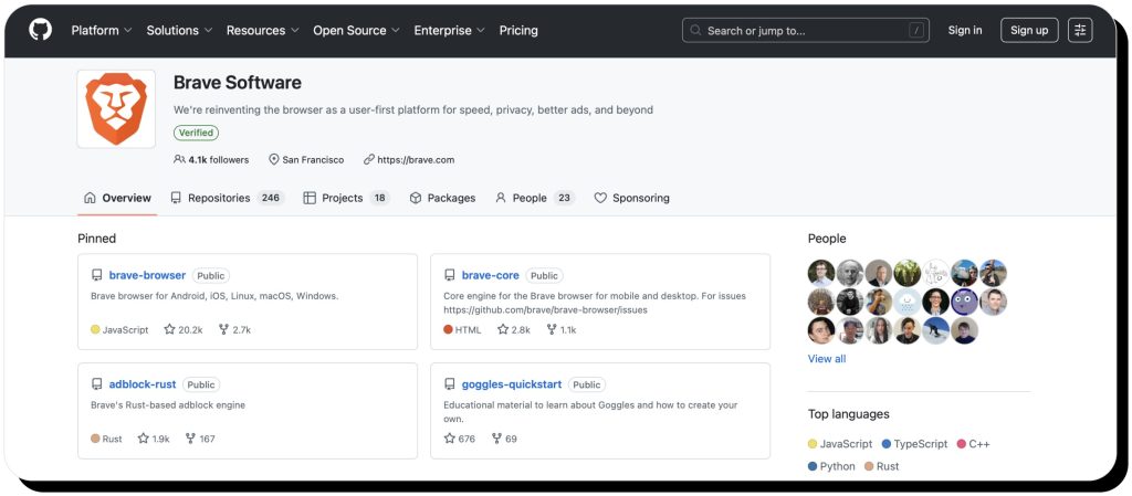 Brave Browser on GitHub. Brave is safe due to its open-source code that can be inspected.