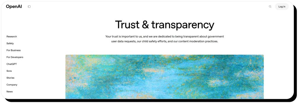 OpenAI webpage with transparency reports. ChatGPT is safe for casual queries. 