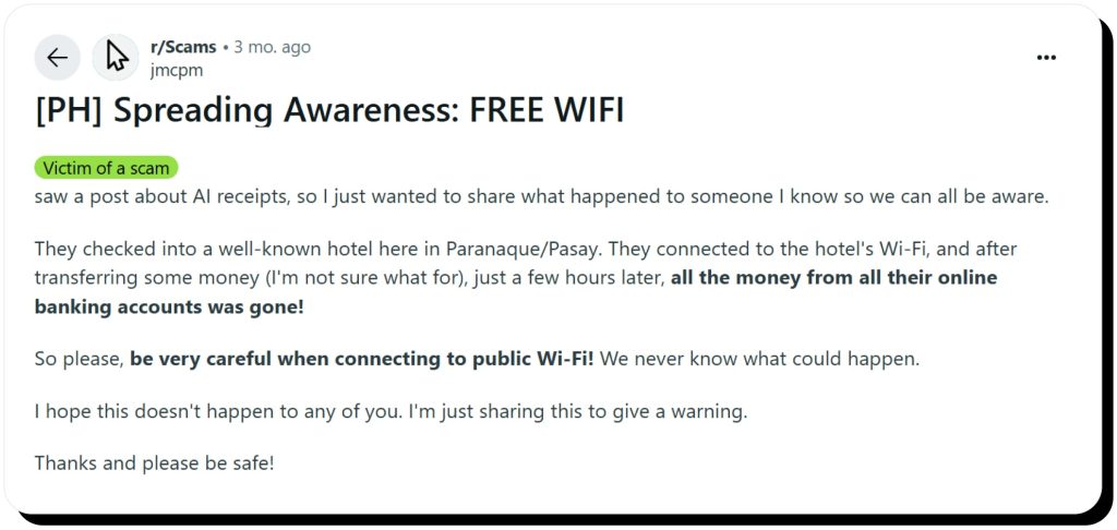 Reddit user describes a fraud that happened while using hotel Wi-Fi