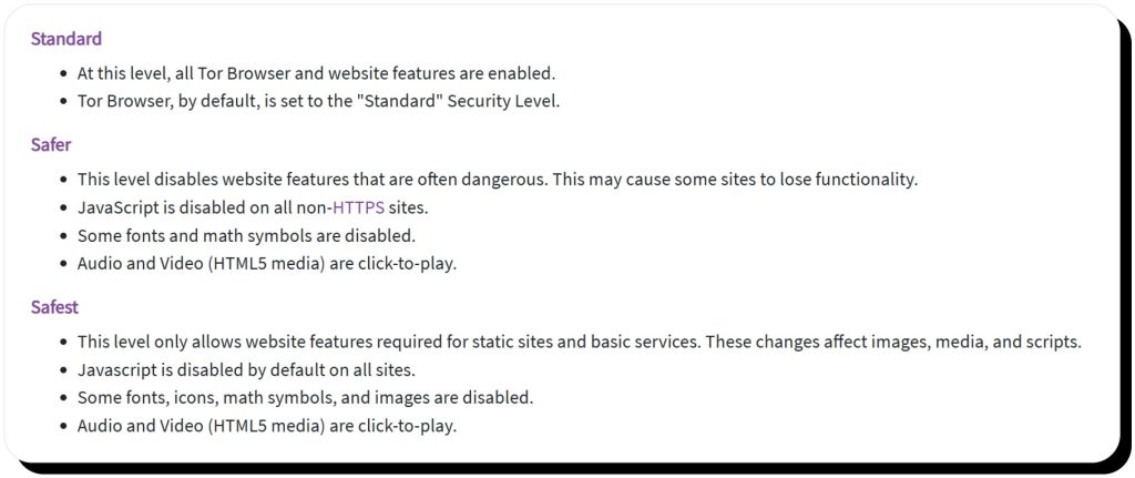 Tor describes the difference between security levels that make Tor safe