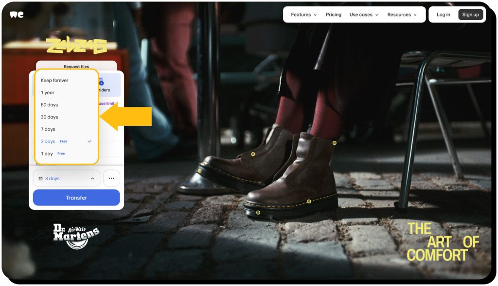 WeTransfer main page with expiration periods. WeTransfer security measures include auto-expiration of links.