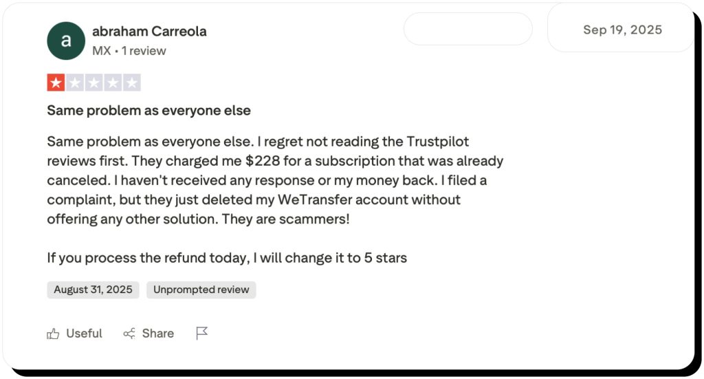 WeTransfer user leaves negative feedback on Trustpilot due to unauthorized charges