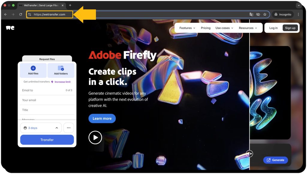WeTransfer main page with the URL highlighted. WeTransfer is safe if you use the legit site.