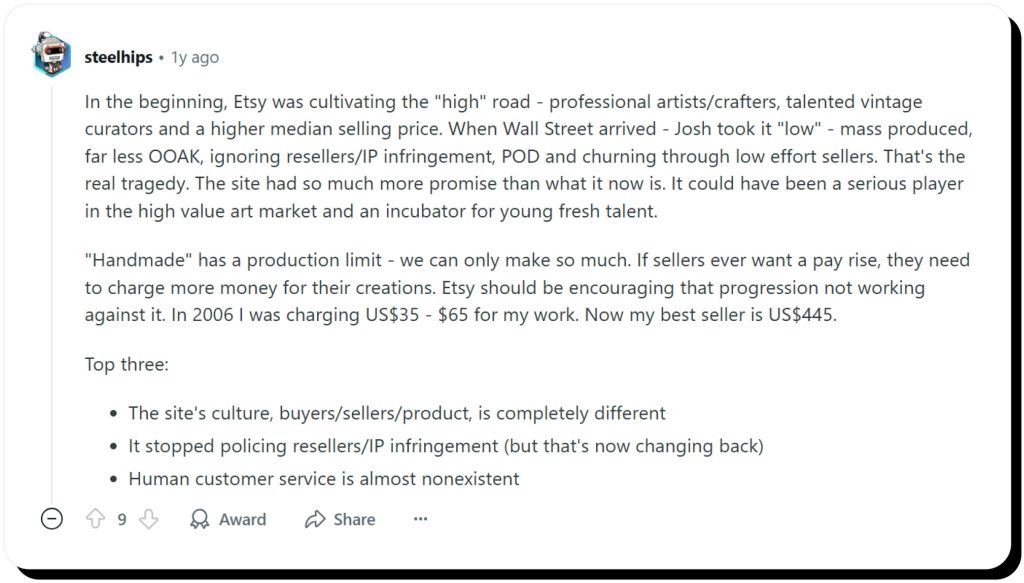 Reddit user describes what has changed on Etsy. Etsy is safe to sell on if you keep up with policies.