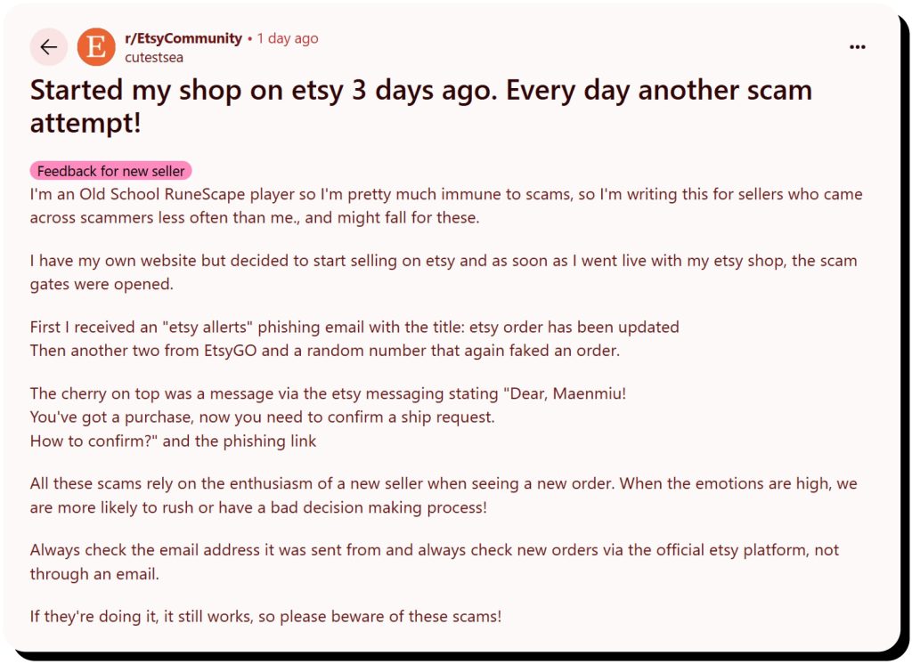 Reddit user describes the phishing scam they've encountered on Etsy. Etsy is safe if you look out for red flags.