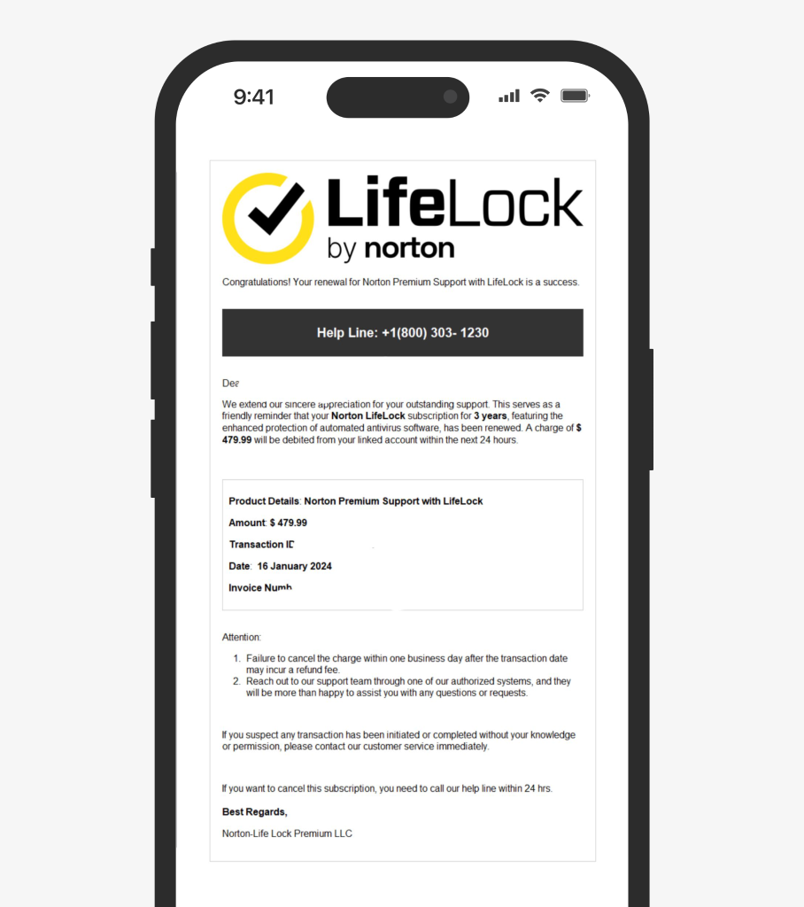 Norton LifeLock scam email