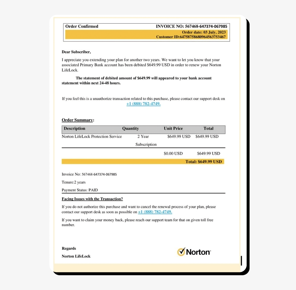 Norton LifeLock scam invoice
