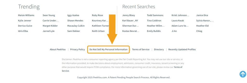 PeekYou footer with the "Do Not Sell My Information" link highlighted to access the opt-out page