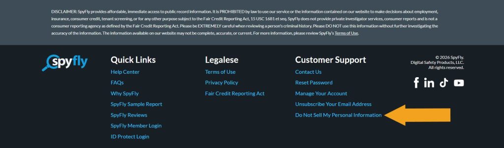 SpyFly footer with the "Do Not Sell My Personal Information" link pointed at