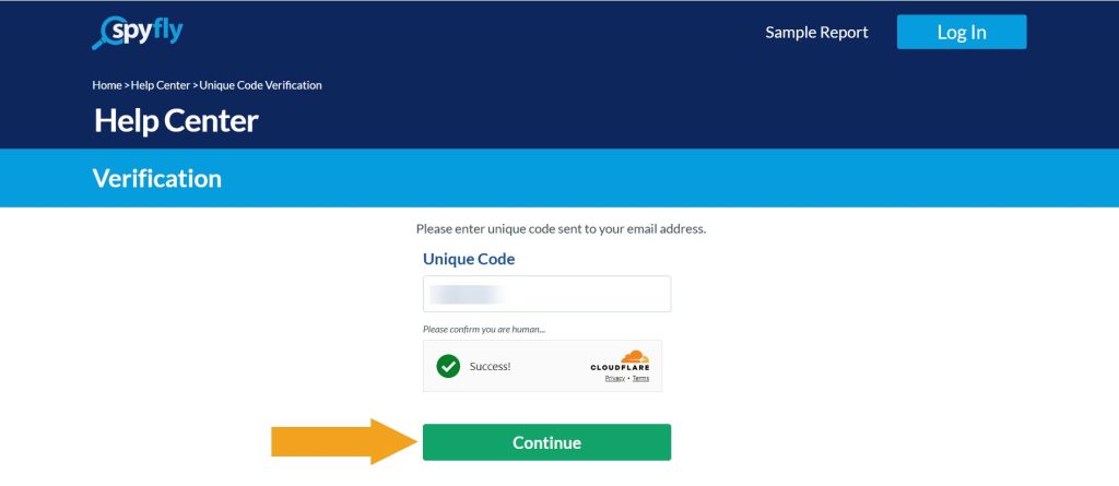 Submitting an email verification code to opt out of SpyFly