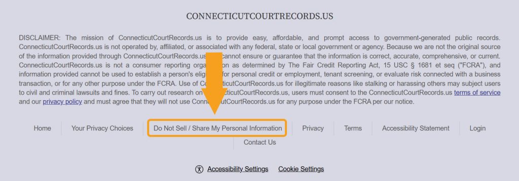 ConnecticutCourtRecords.us footer with the "Do Not Sell/ Share My Personal Information" link highlighted