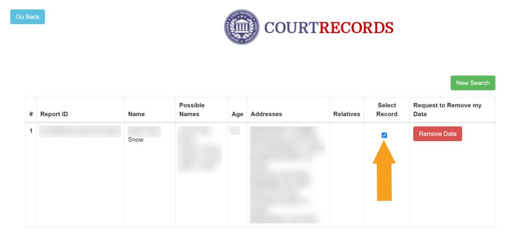 Selecting the record to remove from ConnecticutCourtRecords.us