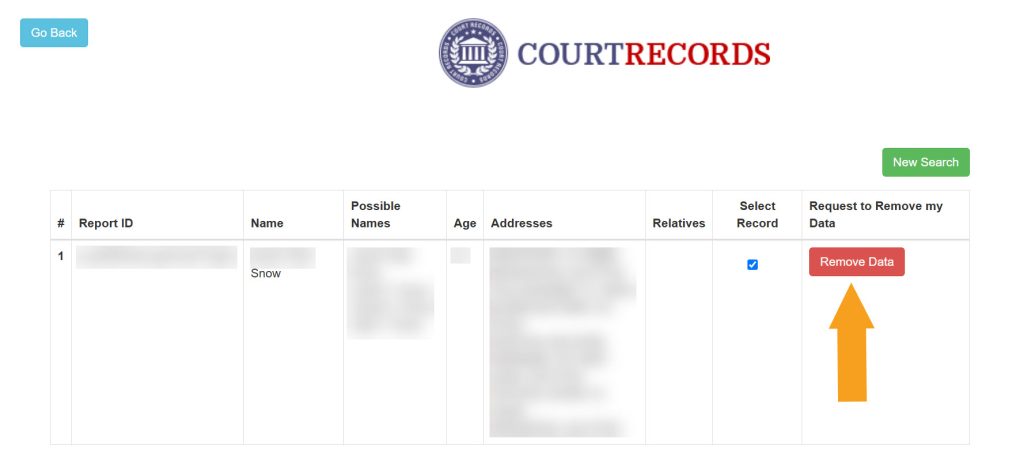 Clicking the "Remove Data" button on ConnecticutCourtRecords.us