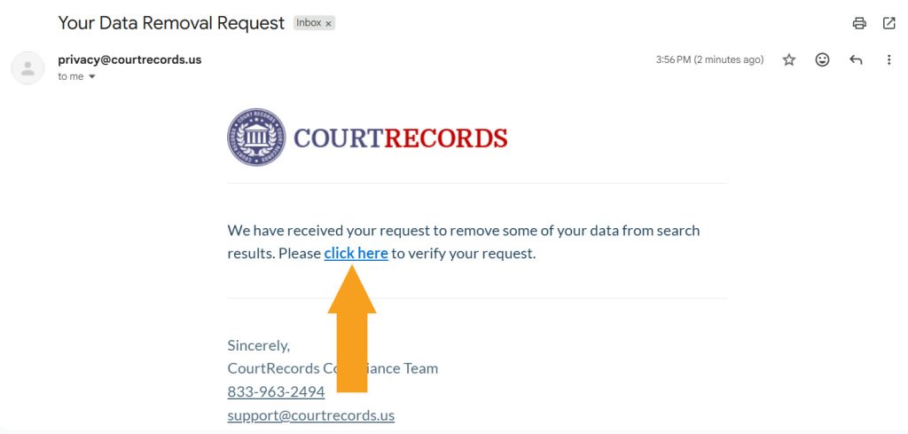 Verification email from ConnecticutCourtRecords.us