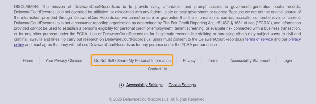The "Do Not Sell/ Share My Personal Information" link highlighted on DelawareCourtRecords.us