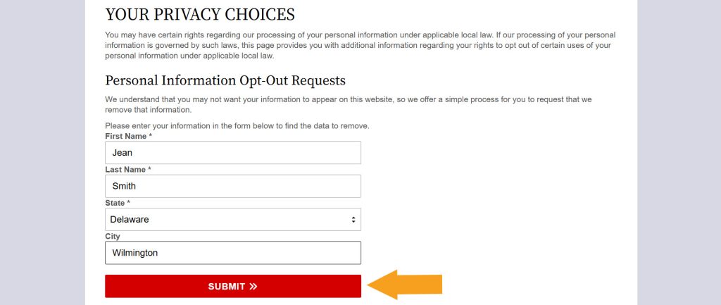 Submitting name, city, and state to opt out of DelawareCourtRecords.us