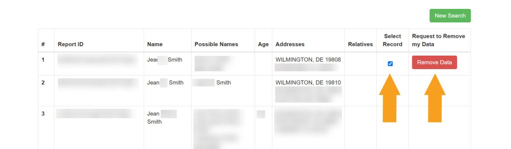 A selected record to remove from DelawareCourtRecords.us