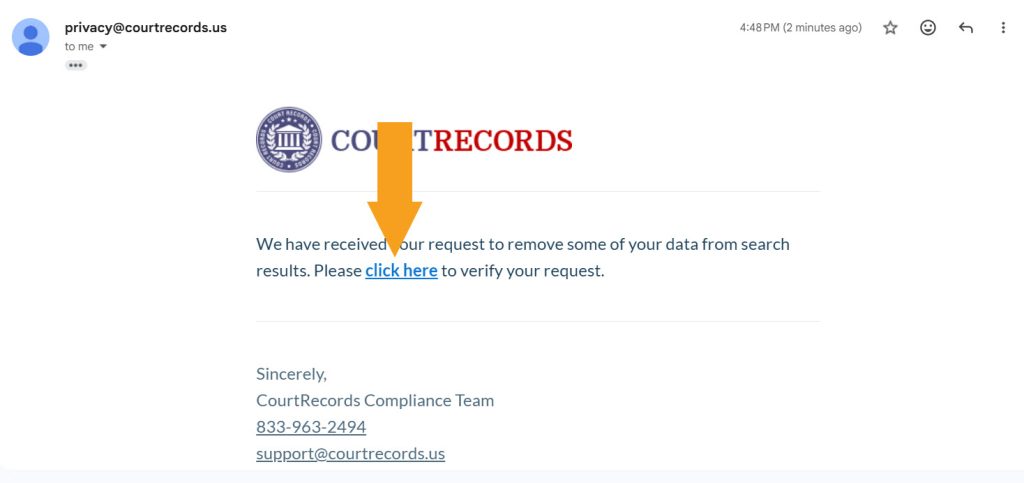 Verification email with a link from DelawareCourtRecords.us