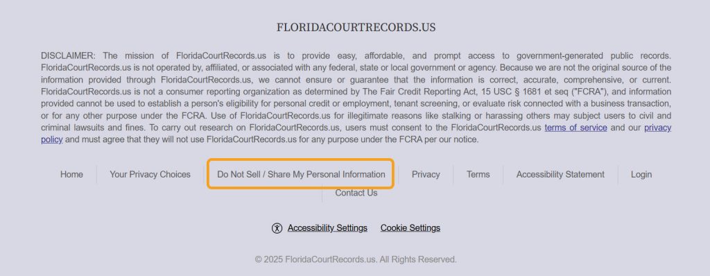 "Do Not Sell/ Share My Personal Information" link highlighted on FloridaCourtRecords.us