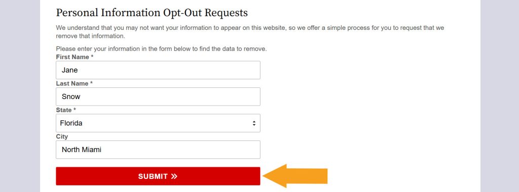 Submitting name, city, and state to opt out of FloridaCourtRecords.us