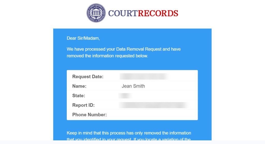 Email confirmation from CourtRecords that data has been removed