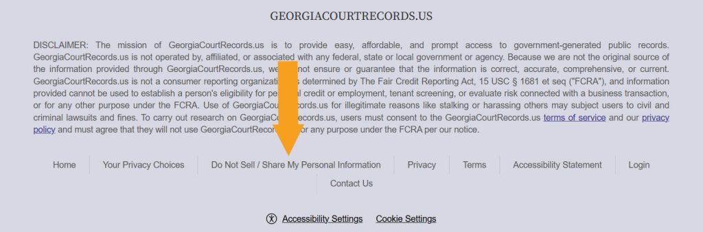 "Do Not Sell/ Share My Personal Information" link pointed at in the  Georgia Court Records footer