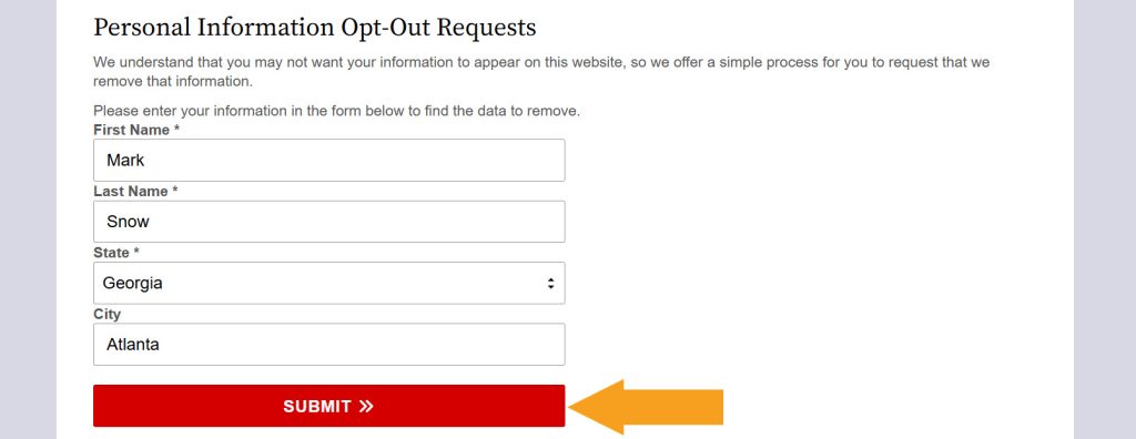 Submitting first name, last name, city, and state to opt out of Georgia Court Records