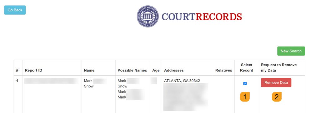 A selected record to remove from Georgia Court Records
