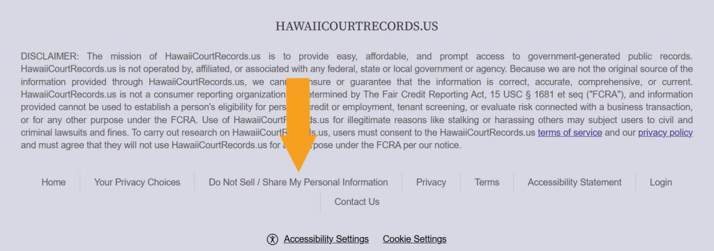 "Do Not Sell/ Share My Personal Information" link pointed at in the  HawaiiCourtRecords.us footer